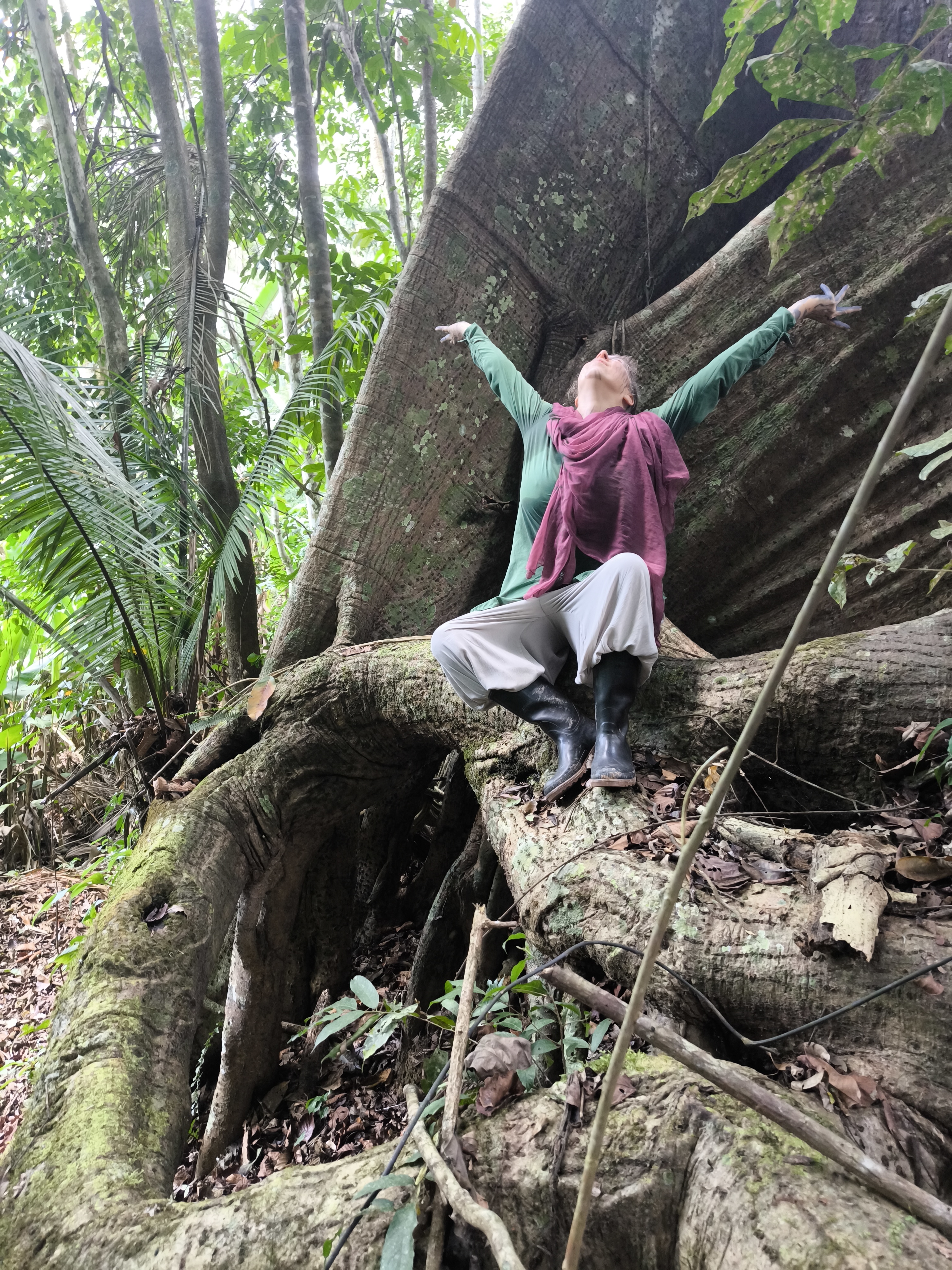 Maike im Urwald an den Wurzeln eines großen Baumes